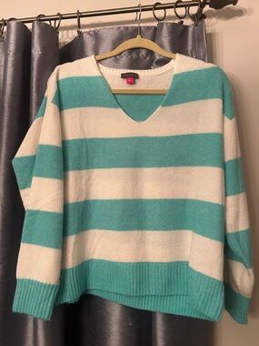Vince Camuto Aqua and Cream Striped V-Neck Sweater